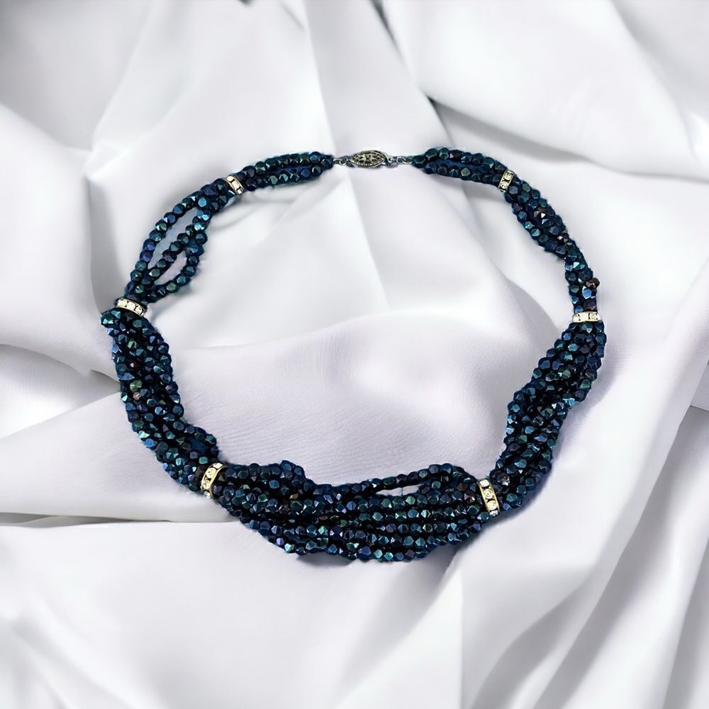 Vintage‎ Iridescent Blue Beaded Diamondesque Rope Choker Necklace